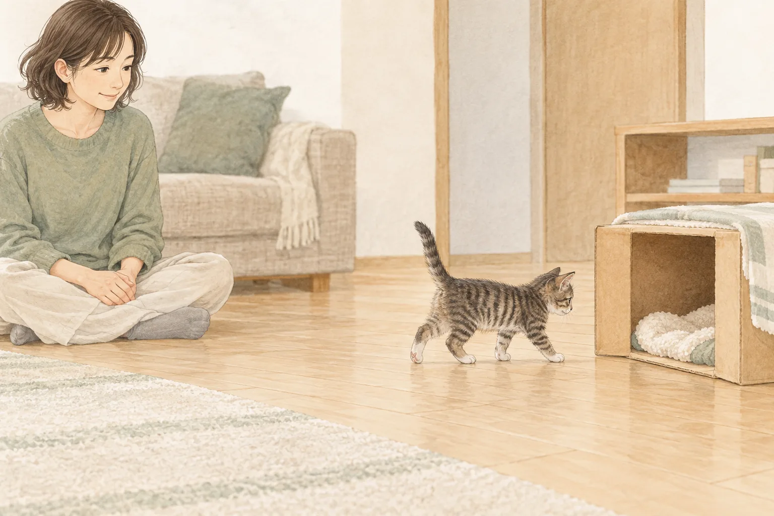 人が手を膝に置いて見守り、子猫が自分で隠れ場所へ歩く説明イラスト。