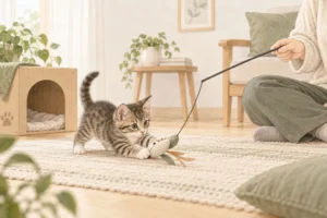 長い猫じゃらしで人の手から距離を取り、おもちゃを捕まえる子猫の説明イラスト。