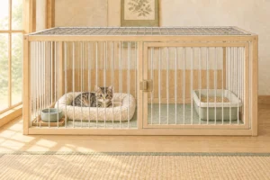 子猫のケージ内で休息場所、食器、トイレを分けた説明用AI生成イラスト。