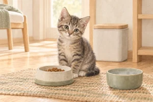 子猫と食事用の器、離して置かれた水入れを描いた説明用AI生成イラスト。