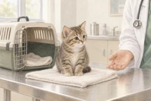 動物病院で子猫を診察する場面を描いた説明用AI生成イラスト。