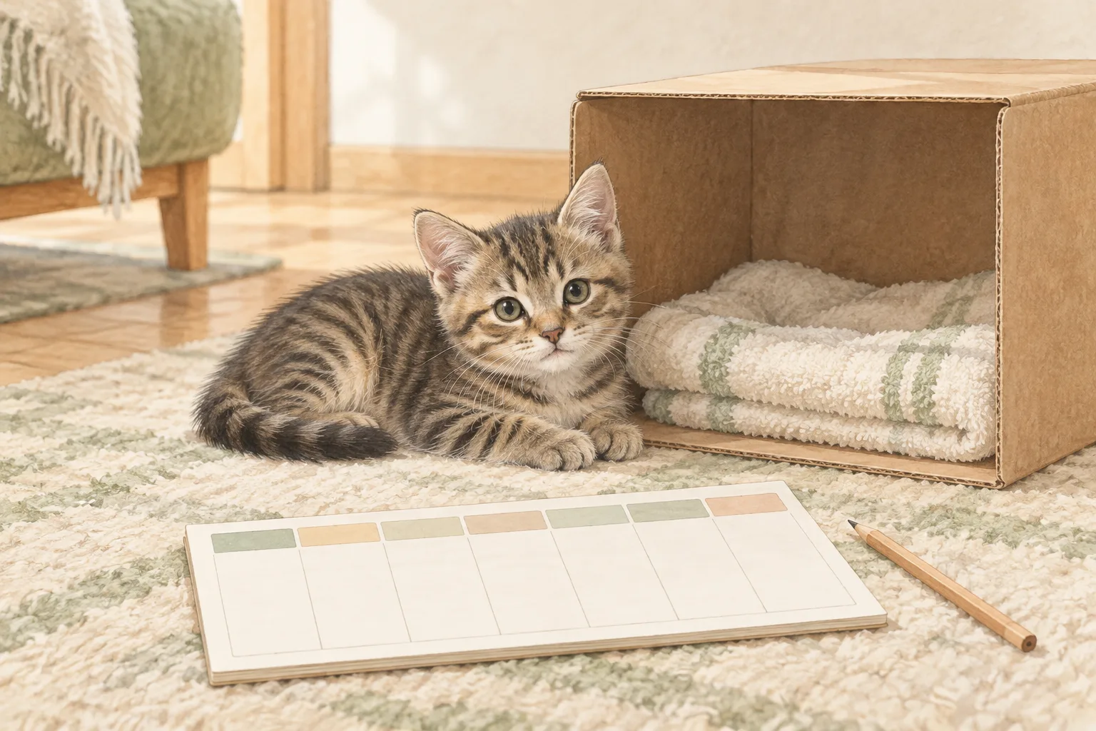 保護猫の最初の1週間を記録するノートと子猫の説明用AI生成イラスト。
