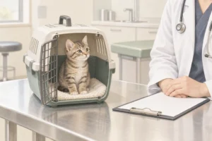 キャリー内の子猫を見守りながら検査について相談する説明用AI生成イラスト。