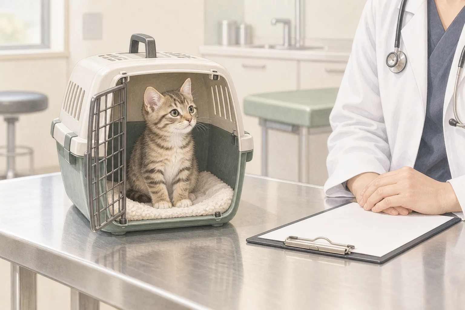 キャリー内の子猫を見守りながら検査について相談する説明用AI生成イラスト。