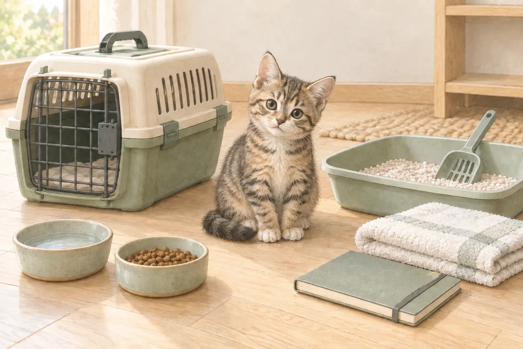 保護猫のキャリー、トイレ、食器、タオル、記録ノートを描いた説明用AI生成イラスト。