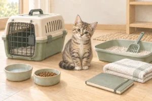 保護猫のキャリー、トイレ、食器、タオル、記録ノートを描いた説明用AI生成イラスト。
