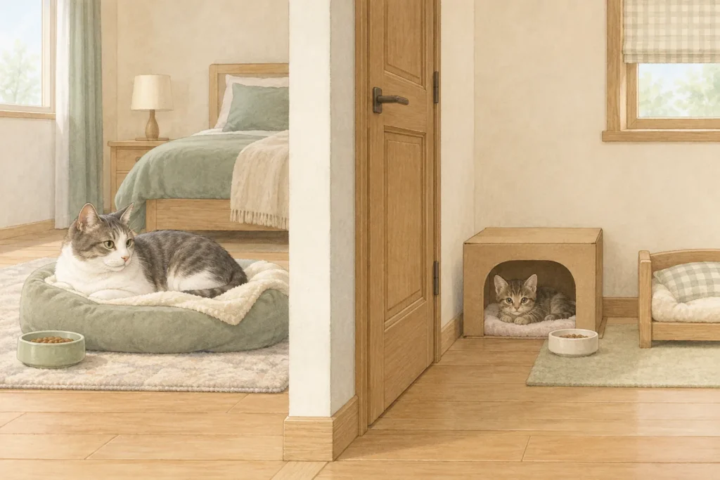 閉じた扉で先住猫と保護猫の生活空間を分けた説明用AI生成イラスト。