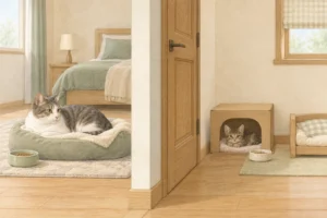 閉じた扉で先住猫と保護猫の生活空間を分けた説明用AI生成イラスト。