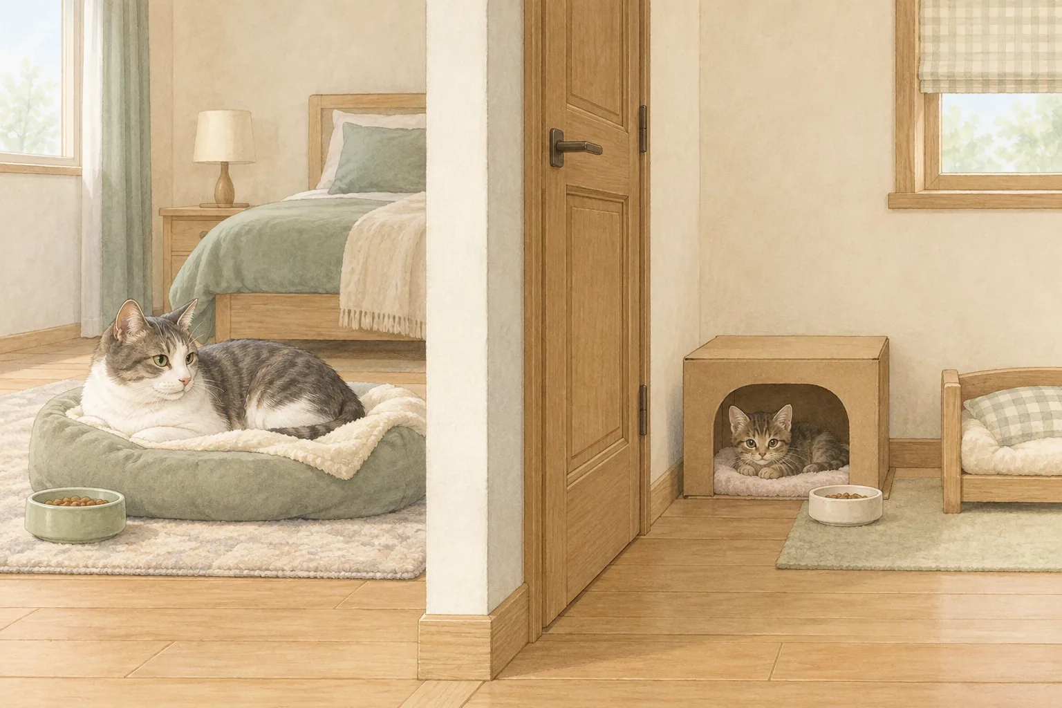 閉じた扉で先住猫と保護猫の生活空間を分けた説明用AI生成イラスト。