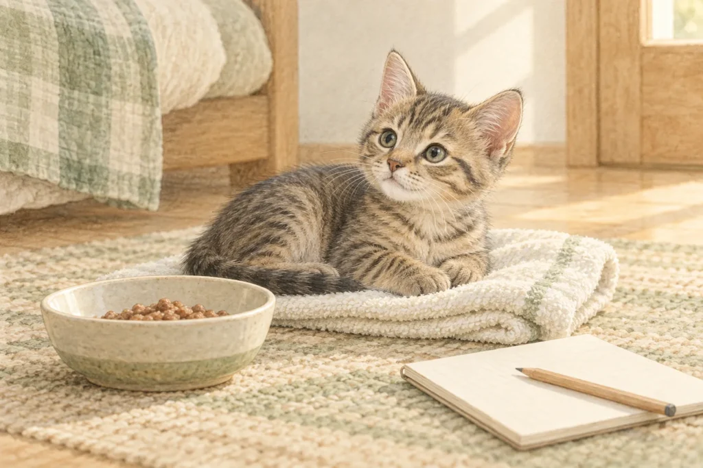 弱っていた子猫の食事と記録を説明するAI生成イラスト。