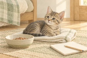 弱っていた子猫の食事と記録を説明するAI生成イラスト。