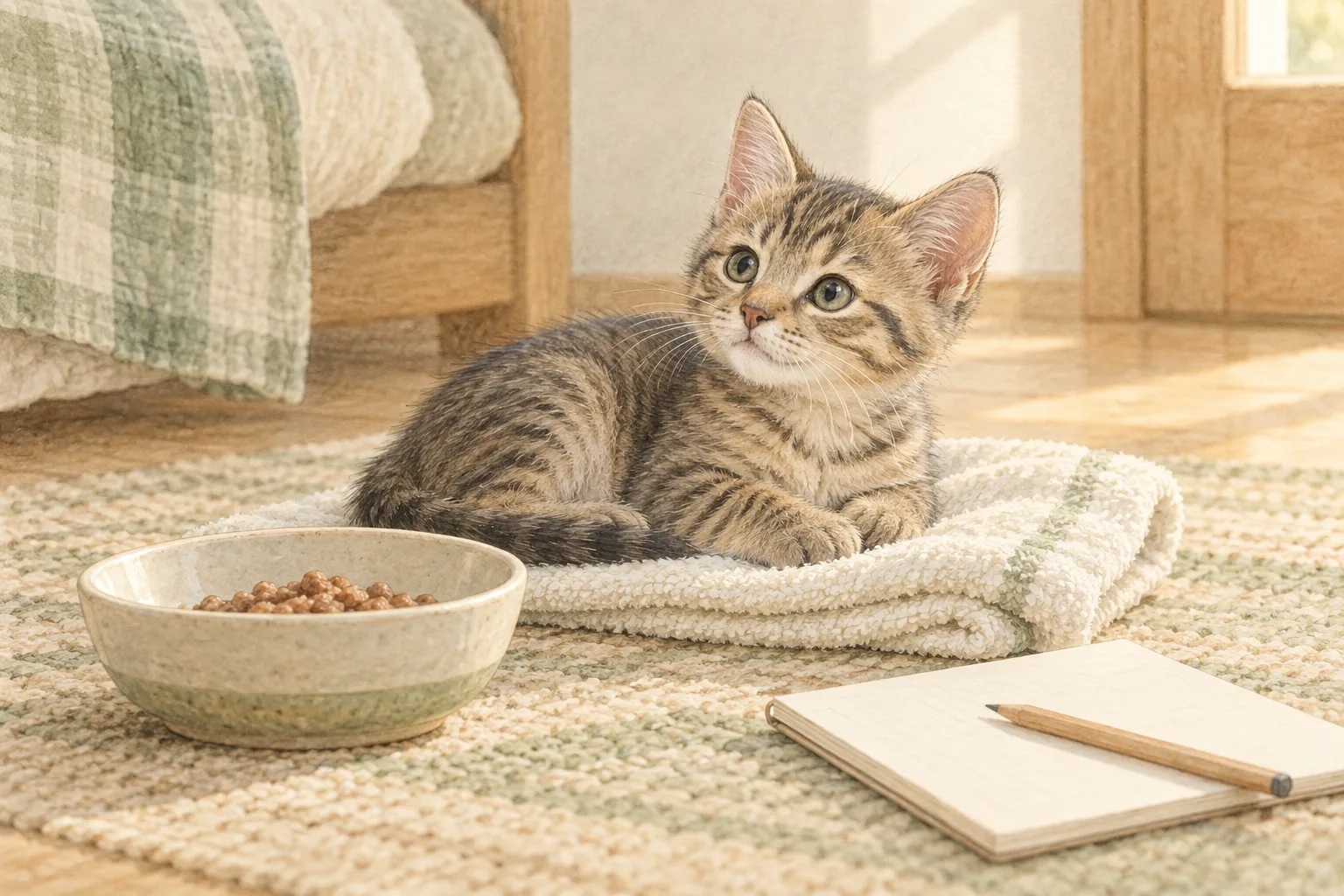 弱っていた子猫の食事と記録を説明するAI生成イラスト。
