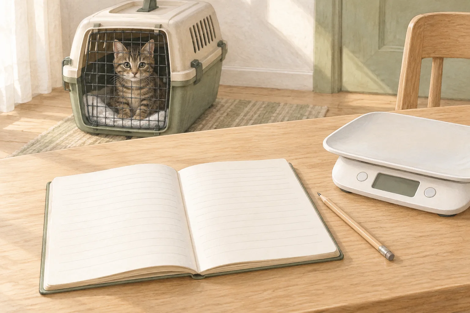 猫の通院時に使う記録ノートとキャリーを描いた説明用AI生成イラスト。